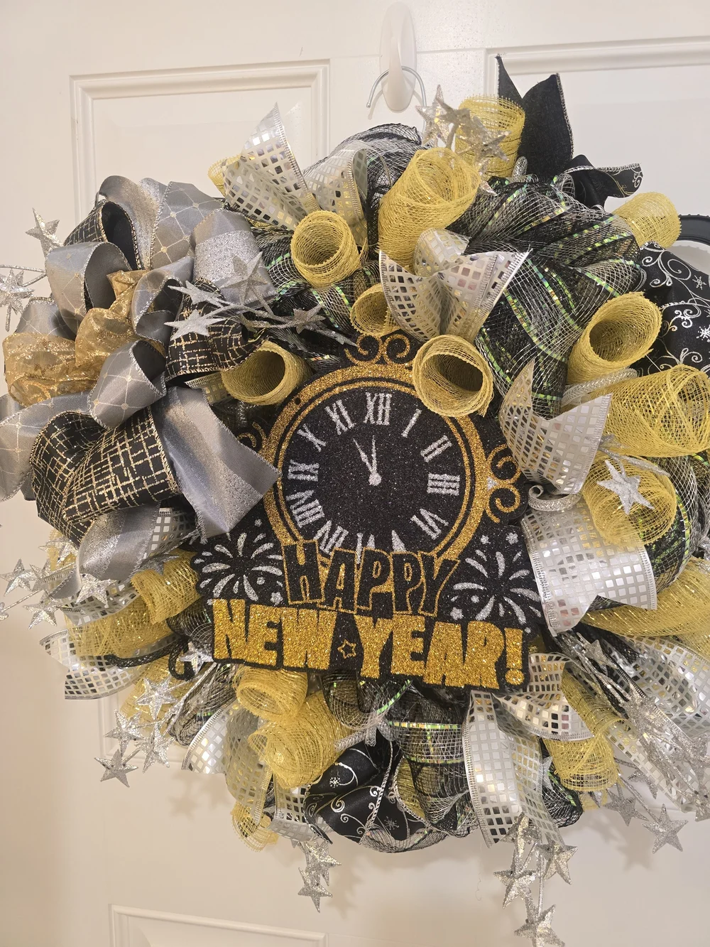 Happy New Year Decorative Wreath with Clock Center - Gold, Silver, Black